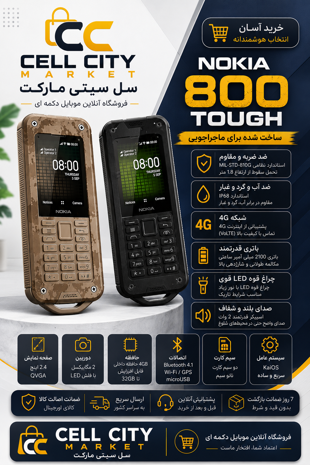 گوشی نوکیا (بدون گارانتی) 800 Tough | حافظه 4 گیگابایت رم 512 مگابایت